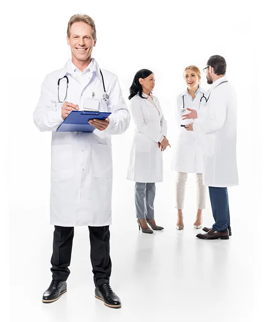 Happy male doctor holding a records while doctors in the background